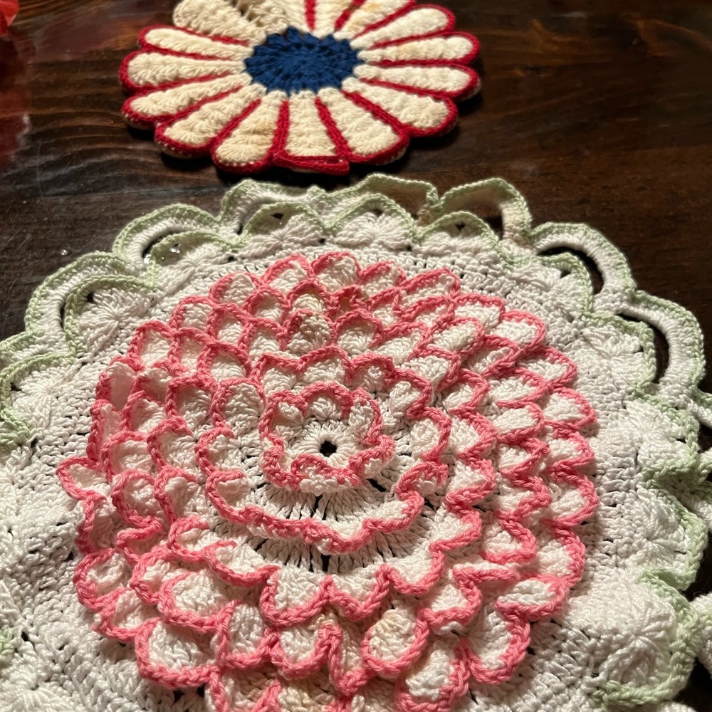 Vintage Pink and White Crochet Doily Table Accent - and Patriotic potholders